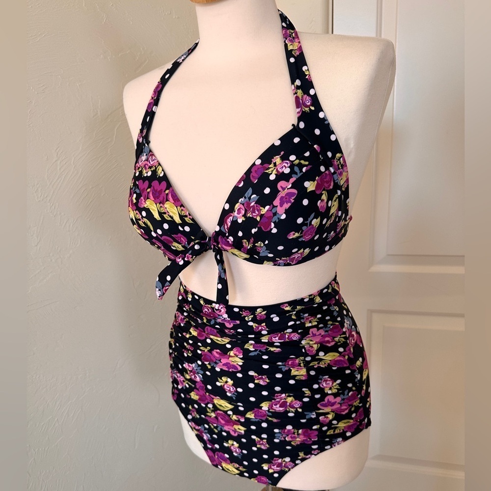 Small Retro Halter High Waist Polka Dot Floral Bathing Suit